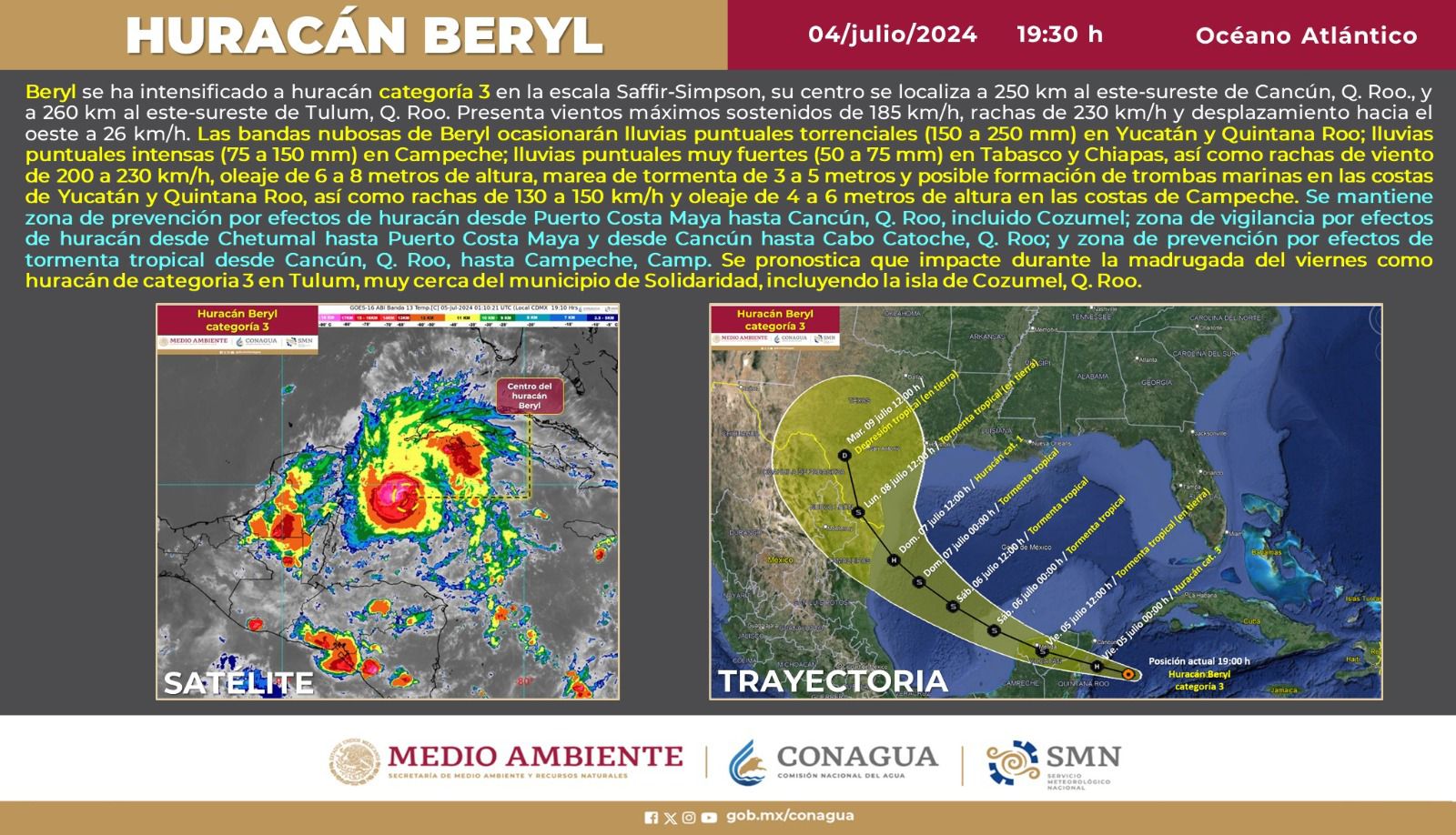 Beryl se incrementa nuevamente a huracán categoría 3