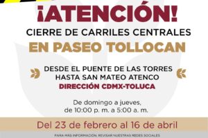 Carriles cerrados en Paseo Tollocan por trabajos de rehabilitación