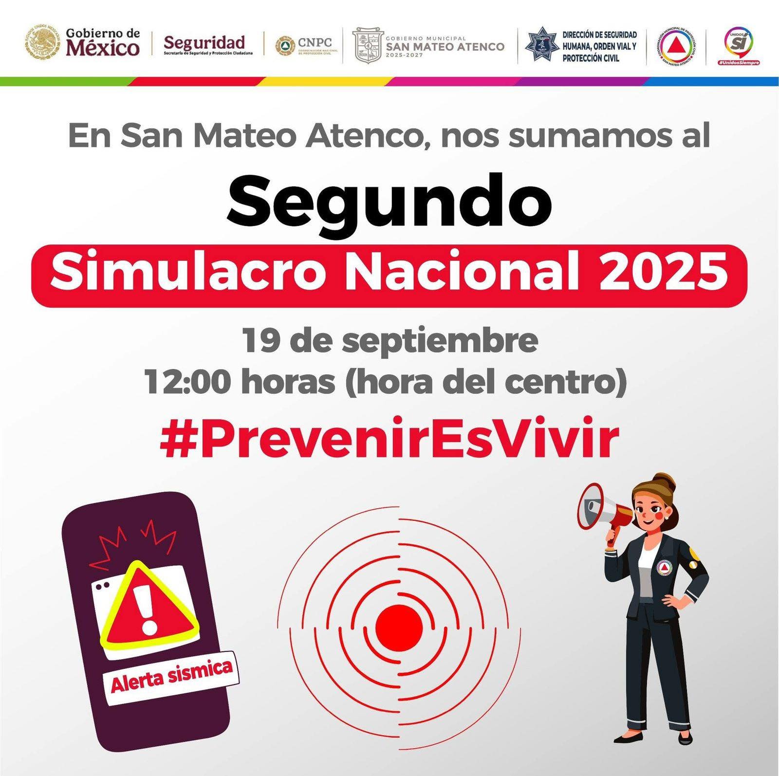 San Mateo Atenco se unió al Segundo Simulacro Nacional 2025 Este 19 de septiembre, en punto de las 12:00 horas, se activó la Alerta Sísmica en San Mateo Atenco como parte del Segundo Simulacro Nacional 2025