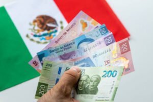 Mexican money held in the hand against the background of the Mexican flag