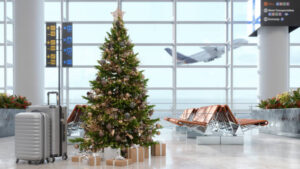 Airport Waiting Area With Christmas Tree, Gift Boxes, Luggages And Empty Seats