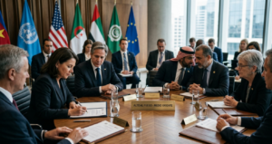 Representantes del gobierno de Estados Unidos liderando importantes negociaciones internacionales de paz.