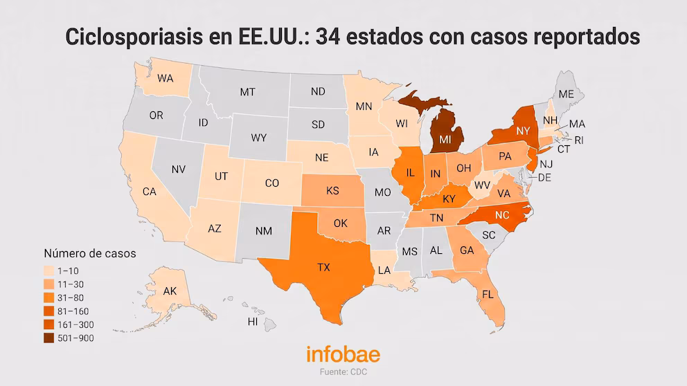 El mapa de la ciclosporiasis en Estados Unidos